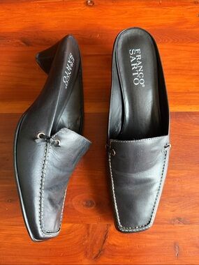 Franco Sarto | Black Soft Leather Square-Toe Mule Clogs with Kitten Heel